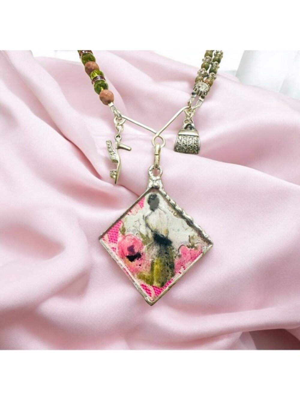 Parisian Muse Tiny Canvas Necklace with Unakite & Pink Jasper | Alma Antigua - Picture 6 of 15